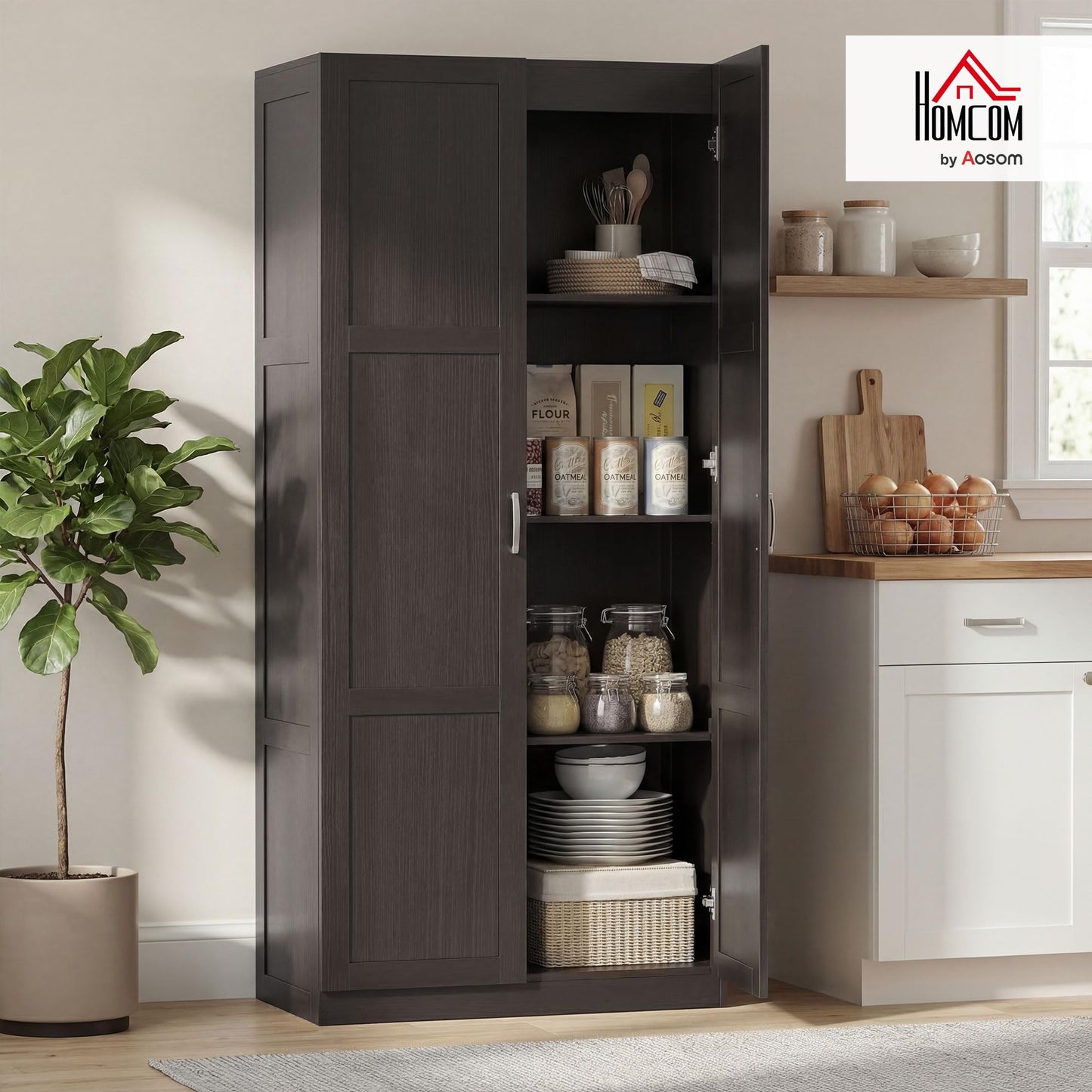 HOMCOM 71" Tall Kitchen Pantry Cabinet with Soft-Close Hinges, Modern Farmhouse Freestanding Pantry Storage Cabinet with 2 Framed Doors, 4 Adjustable Shelves, Espresso