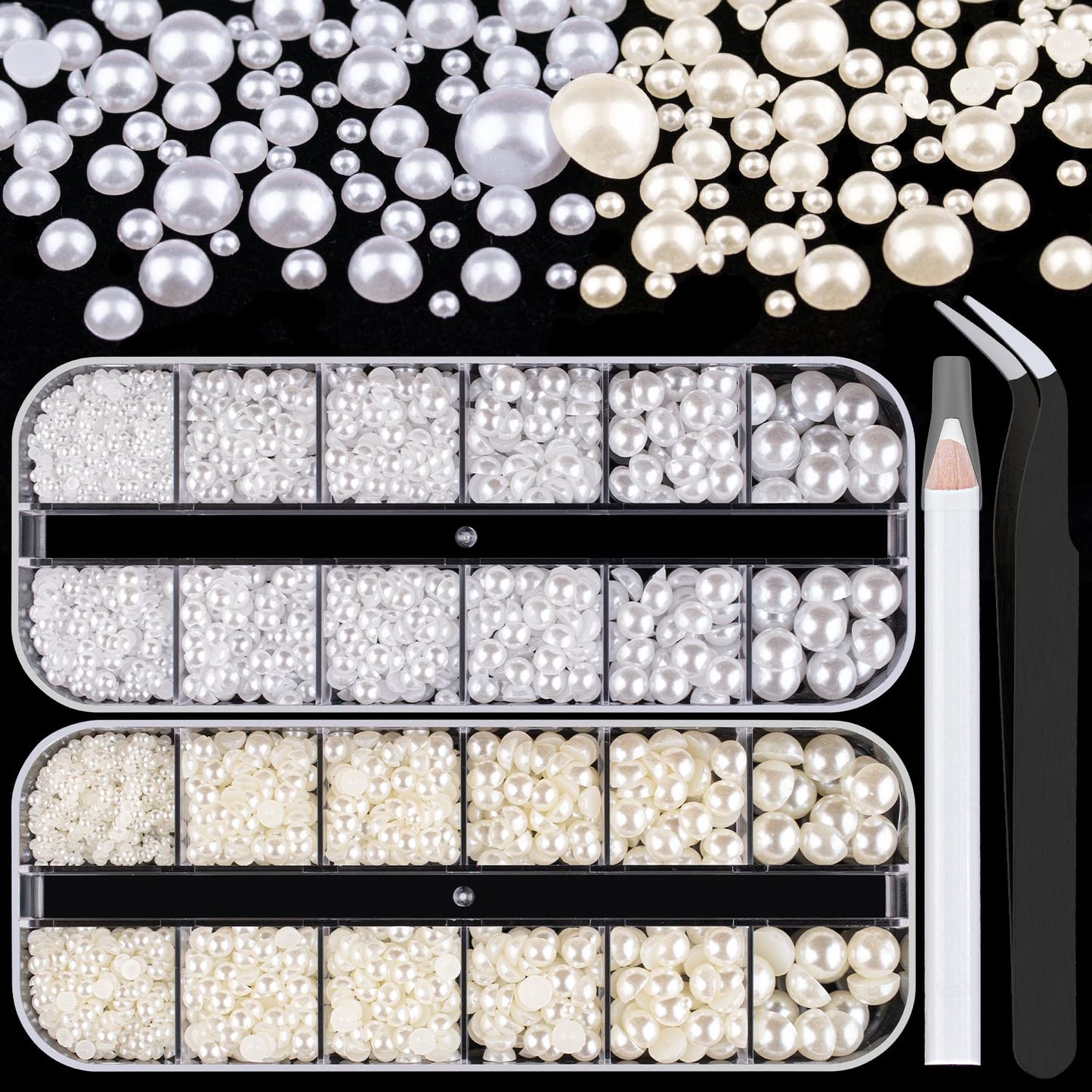 Gold Nail Charms and Gems, Half Round Flatback Pearl Nail Charms, Nail Pearls Rhinestones Kit Gold Beads for Nails with Pickup Pencil and Tweezer for DIY Nail Art, Face Makeup and Crafting
