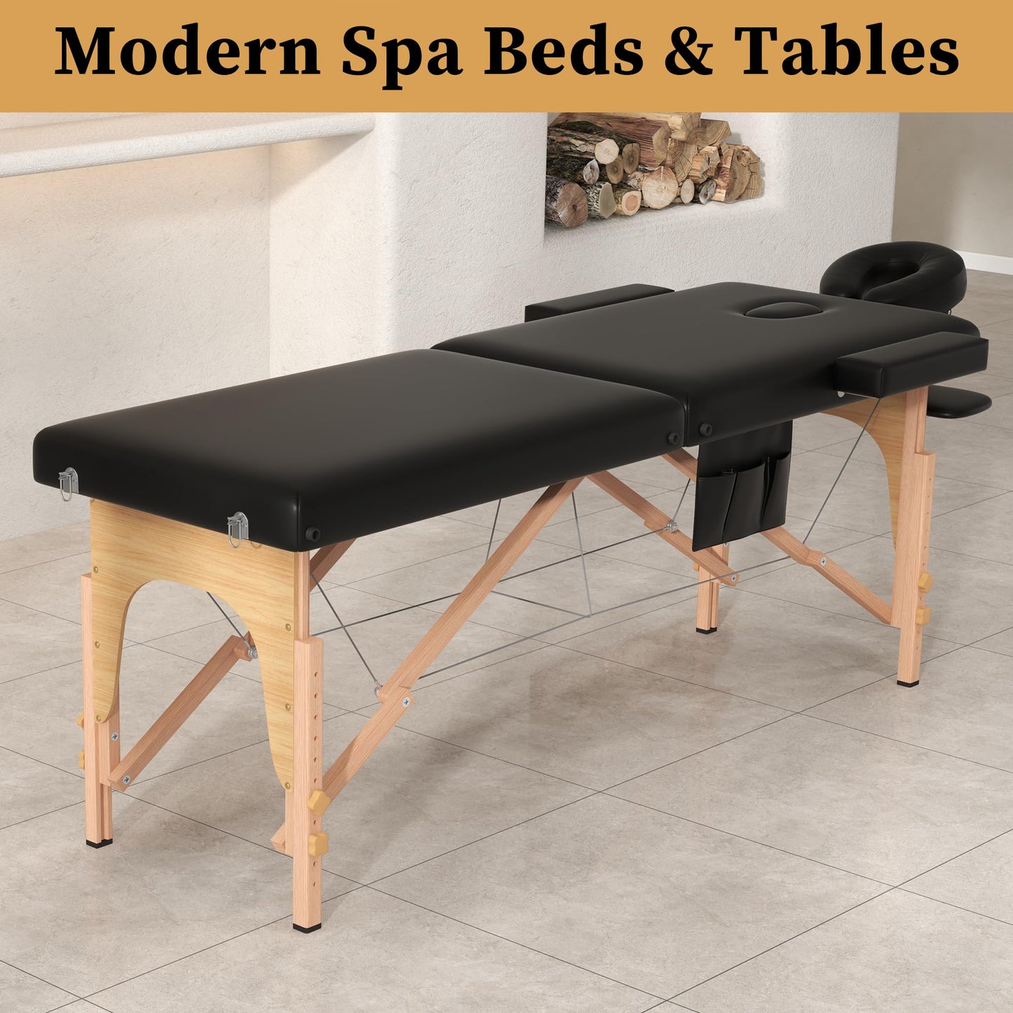 civama Massage Table Massage Bed Portable, 29 LBs Light Weight 2 Section Foldable Tattoo Bed Facial Care Spa Lash Bed Height Adjustable Sturdy Wooden Frame with Accessories Carrying Bag, Black