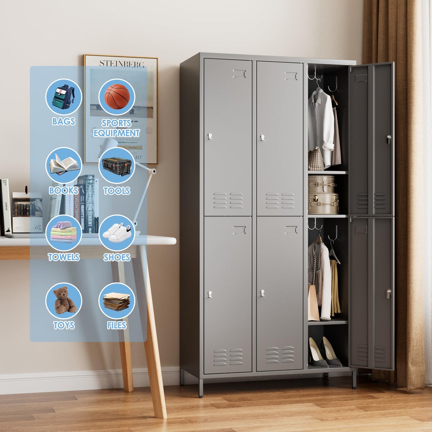 SPKAPO 6 Doors Metal Lockers for Employees with 18 Hooks,Meta Storage Locker with Business Card Holder for School Office Gym Garage Home,Assembly Required,Dark Gray