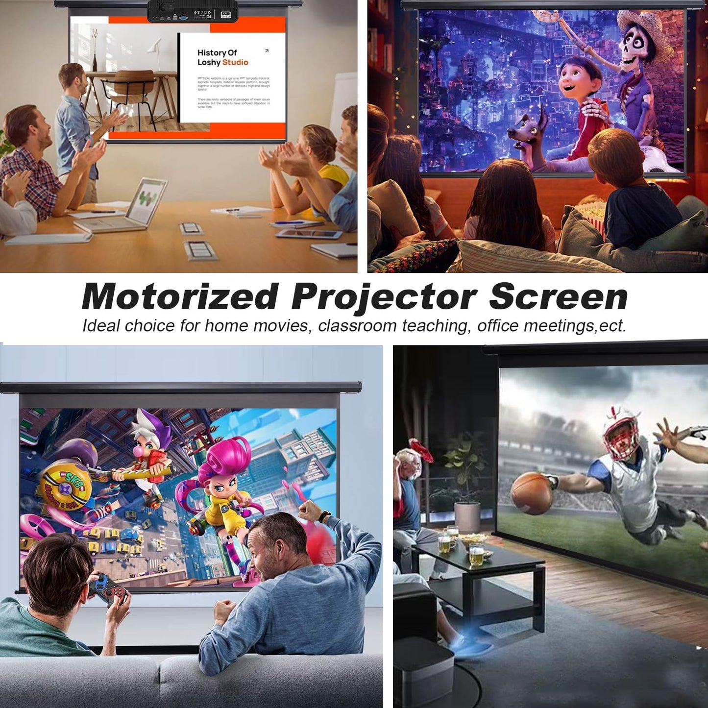 150 Inch Projector Screen Motorized 16:9 HD Electric Rising Projector Screen Pull Down with Remote, Black Automatic Projection Screens Retractable Wall Mount Ceiling Movie Screens Outdoor Indoor