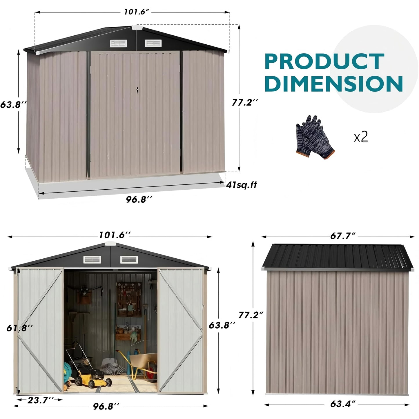 GVDV 8x6 FT Full Size Outdoor Metal Storage Shed, Durable Garden Shed with Reinforced Sidewall Girts & Updated Frame Structure, All-Weather Shelter for Backyard, Patio, Tool, Bike Storage (No Floor)
