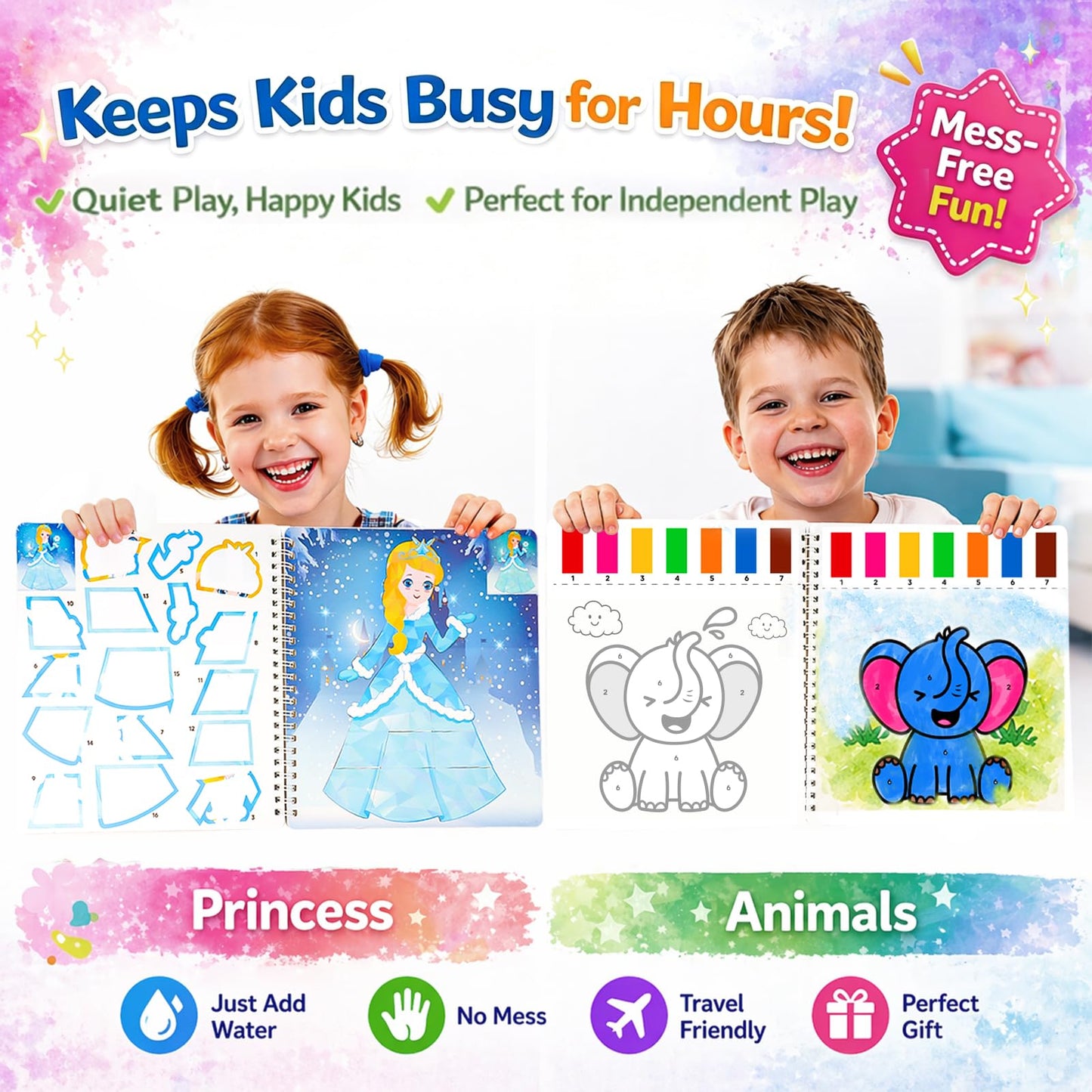 Water Coloring Books for Kids Ages 4-10, 2 Pack Paint by Sticker Activity Book, 20 Designs, Mess-Free Coloring with Built-in Paint & Brush, Travel Toys Gift