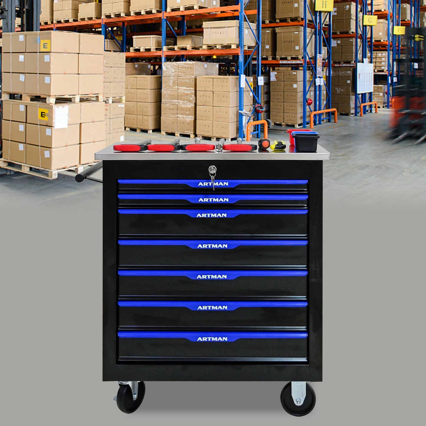 7-Drawer Heavy-Duty Rolling Steel Tool Cart with Handle&Wheels, Metal Storage Organizer Cabinet, Tool Chest for Efficient Tool Storage in Garage, Warehouse, Workshop, Repair Shop, Blue