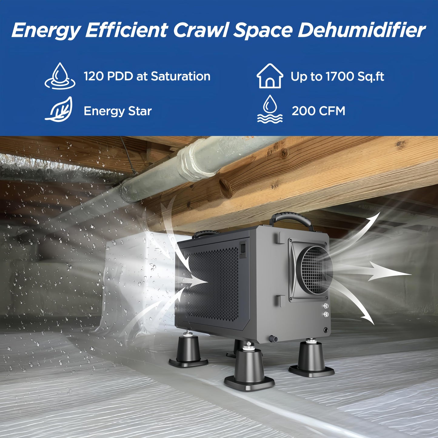 120 Pint Crawl Space Dehumidifier Commercial Energy Star Efficient Certified Dehumidifier for Basement,Whole House with Drain Hose,Large Capacity, Water Damage Unit,Portable, Auto Defrost