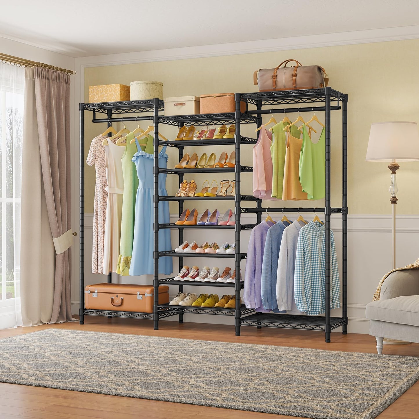 VIPEK S3 Heavy Duty Garment Rack Freestanding Clothes Rack Closet Storage Organizer Large Wardrobe with 6-Tier Shoe Rack, Hanging Rod, Adjustable Shelf, 68.9" L x 15.7" W x 76.4" H, Black