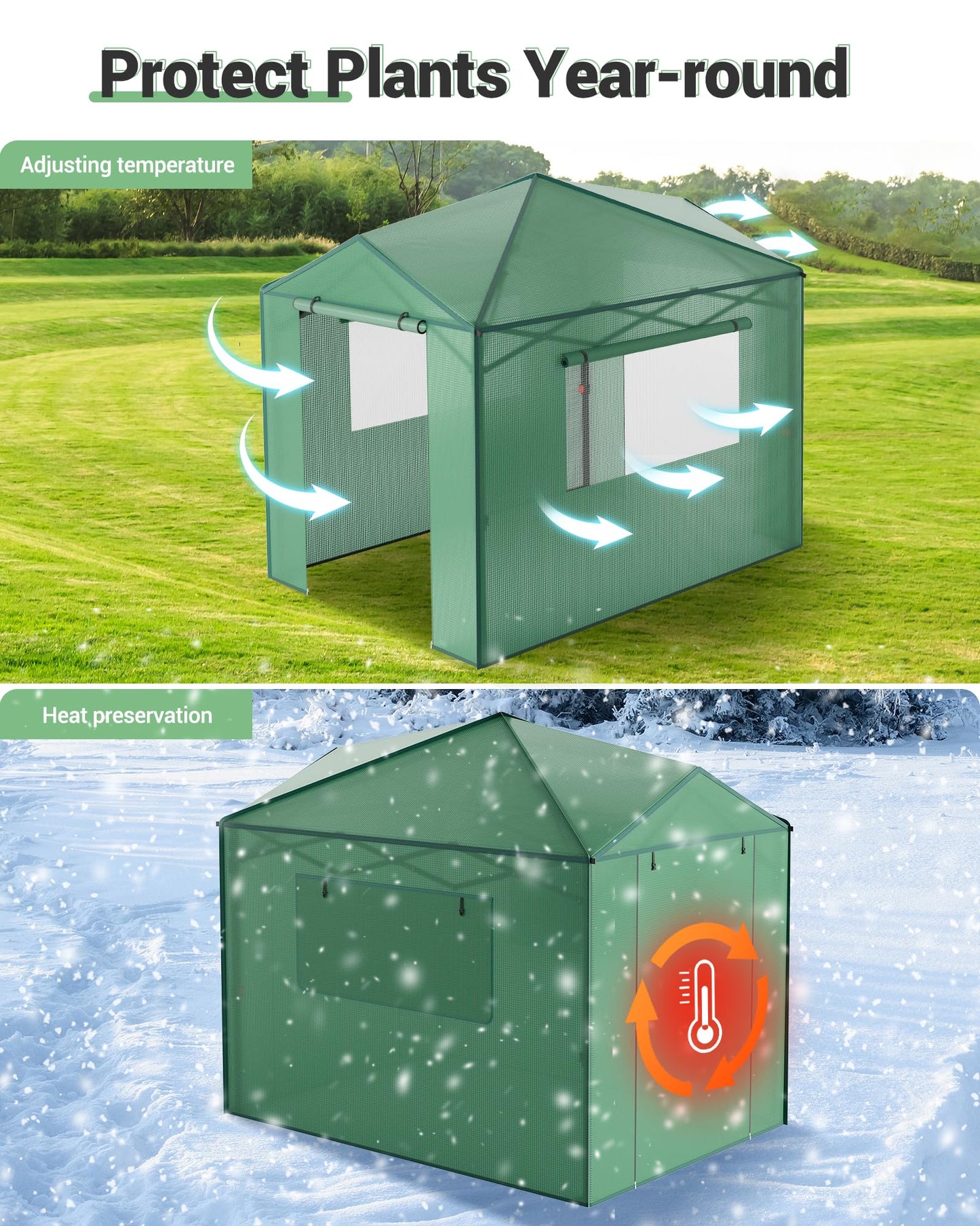 8x6 ft Portable Greenhouse for Gardening, Walk-in Plant Houses for Winter Protection, Durable PE Cover Greenhouse Kit for Indoor & Outdoor Use, Zippered Doors