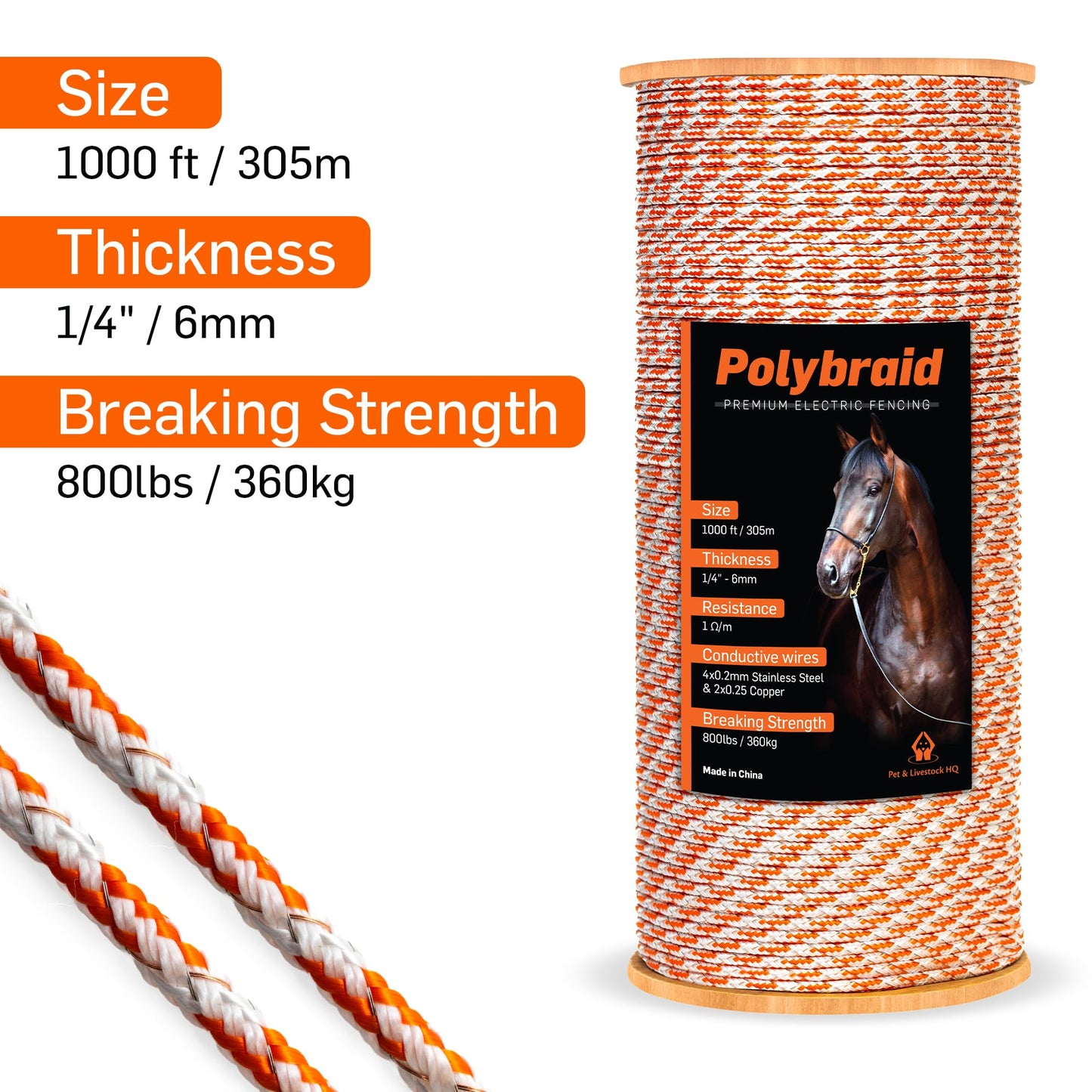 Pet & Livestock HQ - 1000ft Electric Polybraid Fence with 5 Mile Charger and 100 Insulators - 3 Product Bundle