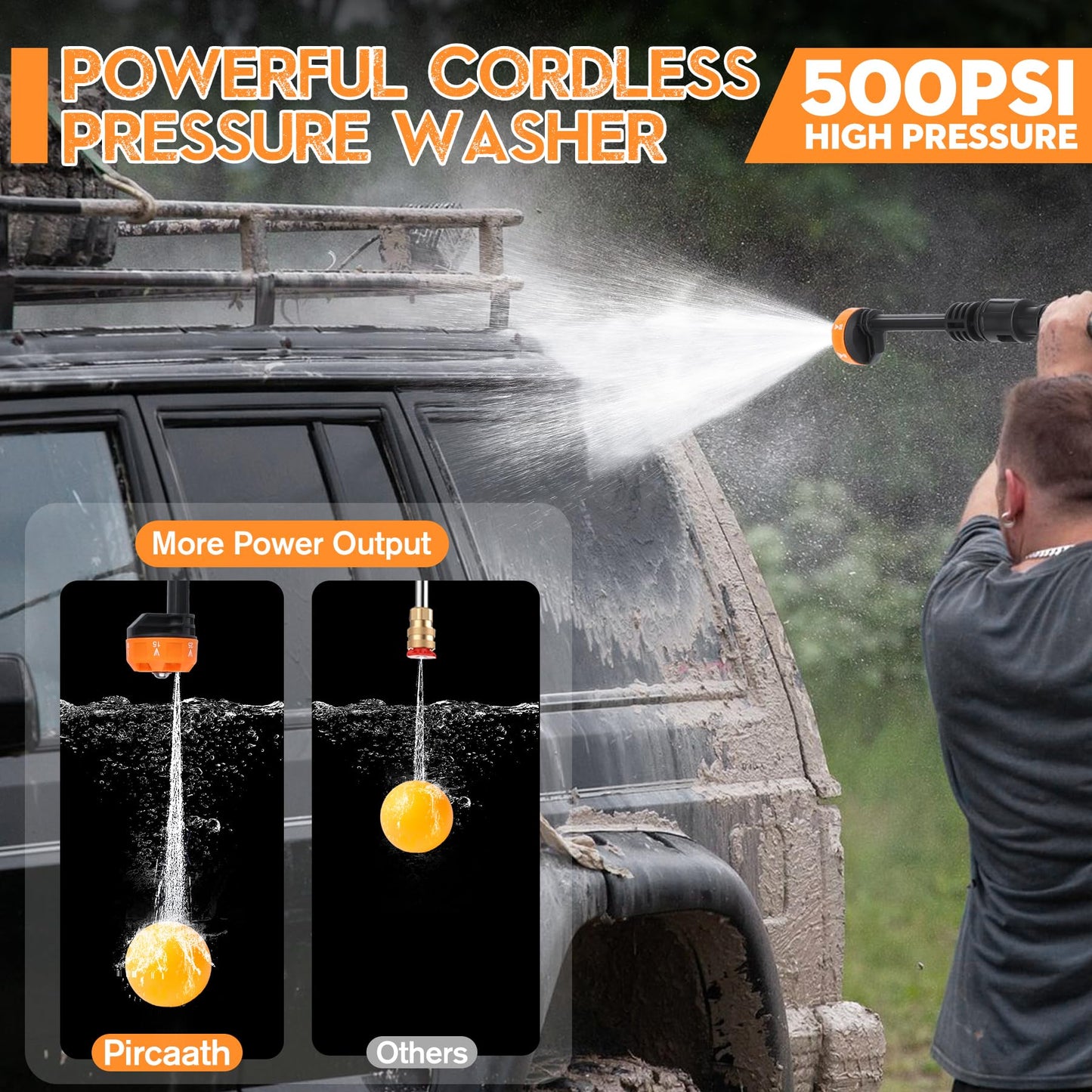 Pircaath Cordless Pressure Washer Gun, Battery Power Washer, 500PSI High Pressure Cordless Power Washer, Portable Pressure Washer with 6-in-1 Nozzle, Handheld Power Washer for Car,Garden,Home
