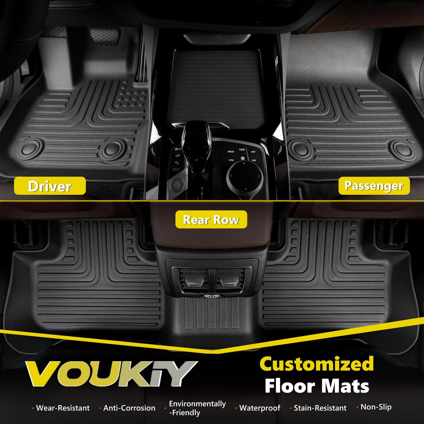 VOUKIY All Weather Car Floor Mats Fit for X7 40i, M50i, M60i (only fit 6 Seater) 2019-2024 2025 Automotive Floor Liners X7 Front& Rear& 3rd Row Accessories Black