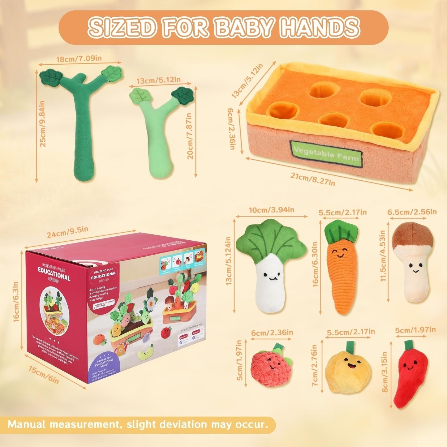 Baby Sensory Toys Plush Fruits and Vegetables, Plush Farm Developmental Toys 6-12 Months for Toddlers with Crinkle Rattle Squeaker Textures, 9 PCS Pull Out Fine Motor Skill Toddler Learning Toys