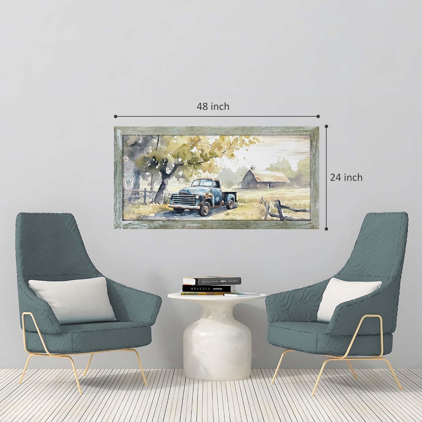 Framed Rustic Barn Wall Art: Large Farm Wooden Country Farmhouse Truck Painting Picture Old Car Countryside Field Landscape Print Artwork for Living Room Bedroom Home Office Decor 48" x 24"