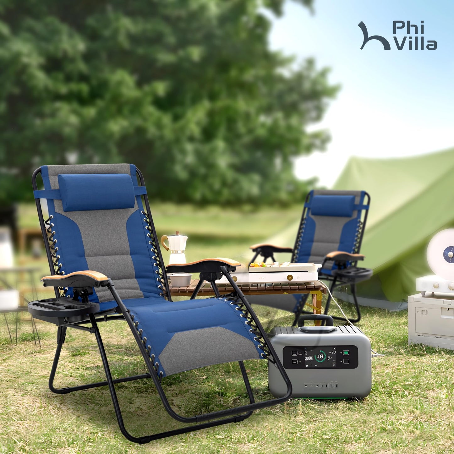 PHI VILLA XXL Oversized Padded Zero Gravity Chair, Foldable Patio Recliner, 30" Wide Seat Anti Gravity Lounger with Cup Holder, Support 400 LBS (Thumb Blue)