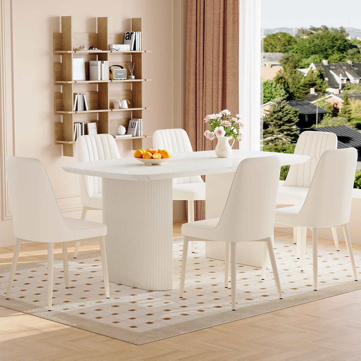 TesNus White Dining Table Set for 6, 67'' Modern Dining Table Set with 6 Upholstered Metal Chairs, 3.5'' Oval Faux Marble Top and Cream White Pedestal Base, Rounded Corners Marble Kitchen Table Set