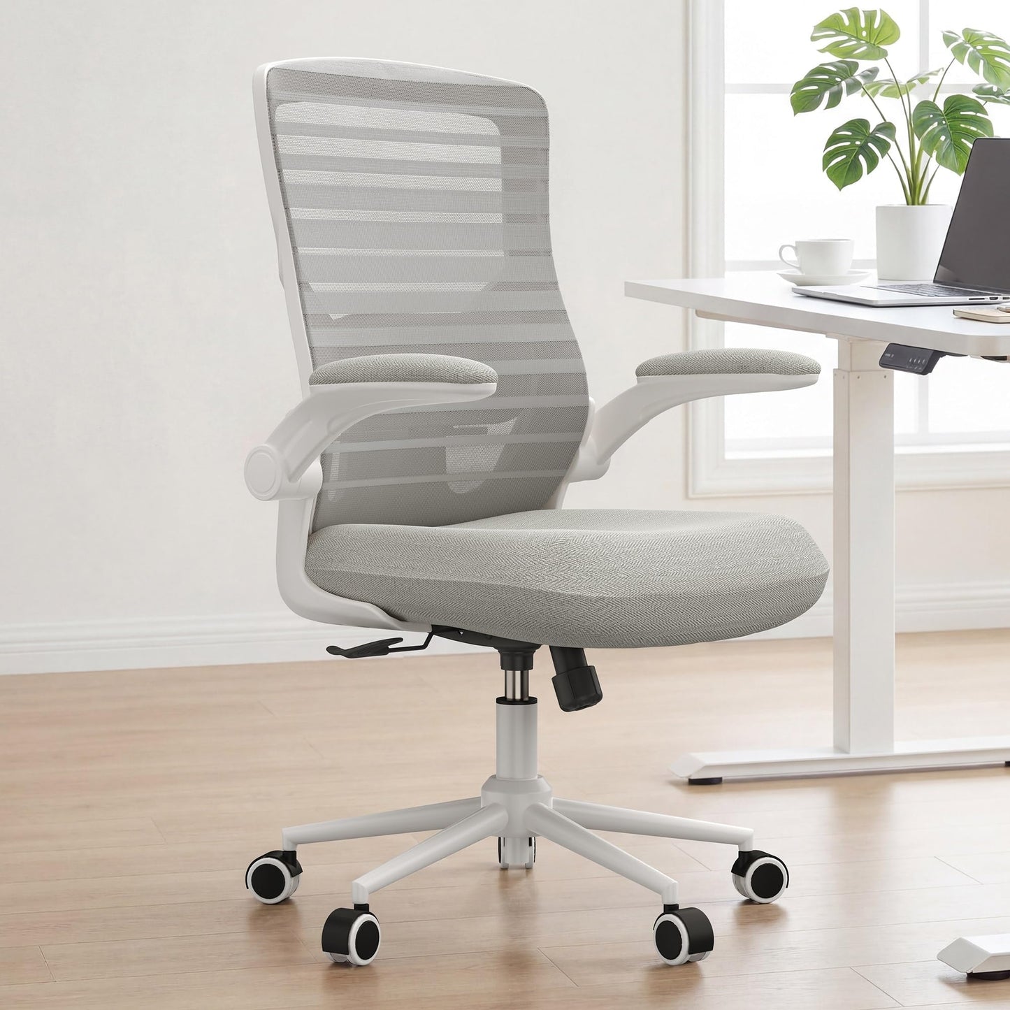 QLTPLUS Office Chair for Long Hours & Lower Back Pain Relief – 4" Thick Molded Foam Cushion, Enhanced Lumbar Support, Flip-up Armrests, Light Gray