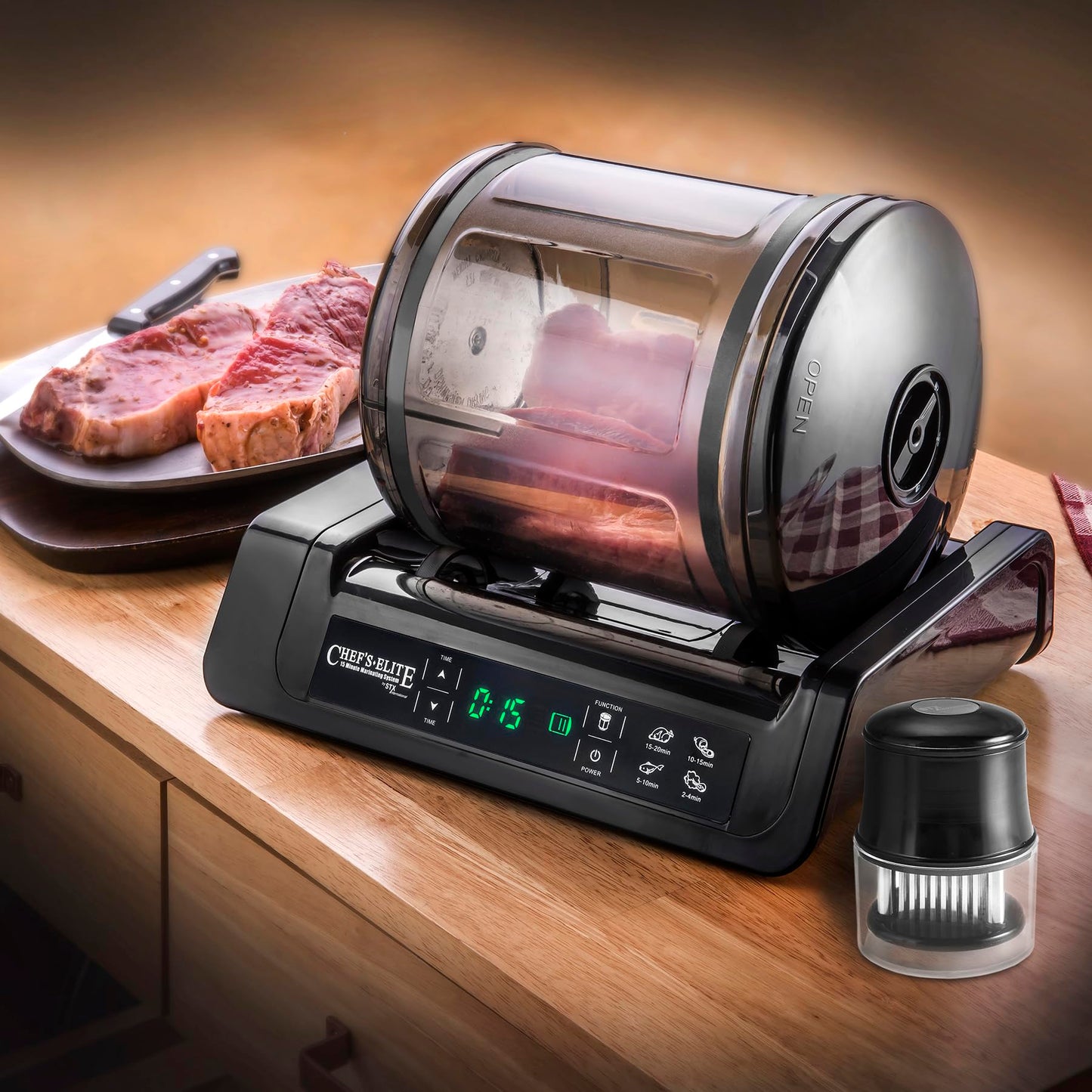 STX International Chef's Elite Vacuum Marinator & Tumbler | Marinate Meat & Vegetables in 15 Minutes | Adjustable Timer | Auto Shut-Off | Meat Tenderizer Included