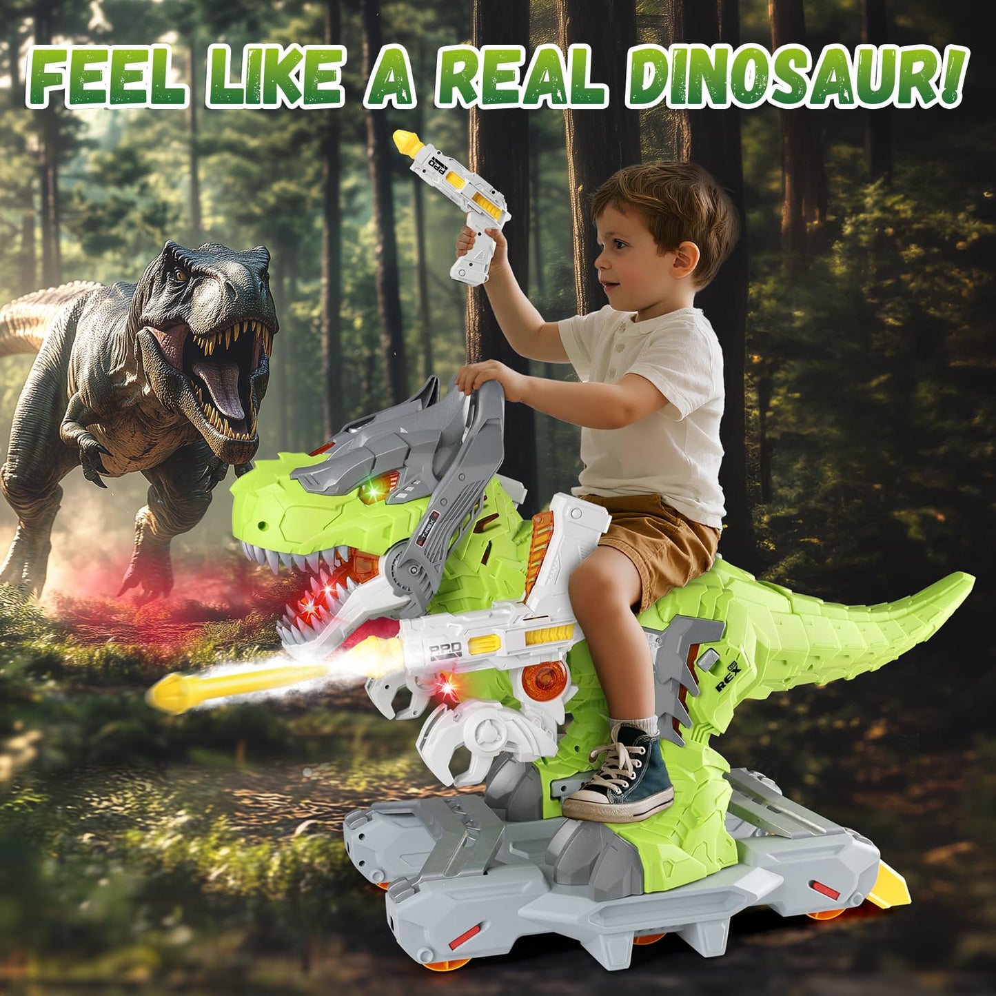 Baby Ride On Toy Cars, Toddler Electric Dinosaur Push Riding Car with Light Music, Smoke & Launcher Toy, Preschool Kids Scooter Foot-to-Floor Ride On Toy, Christmas Birthday Gifts for Kids