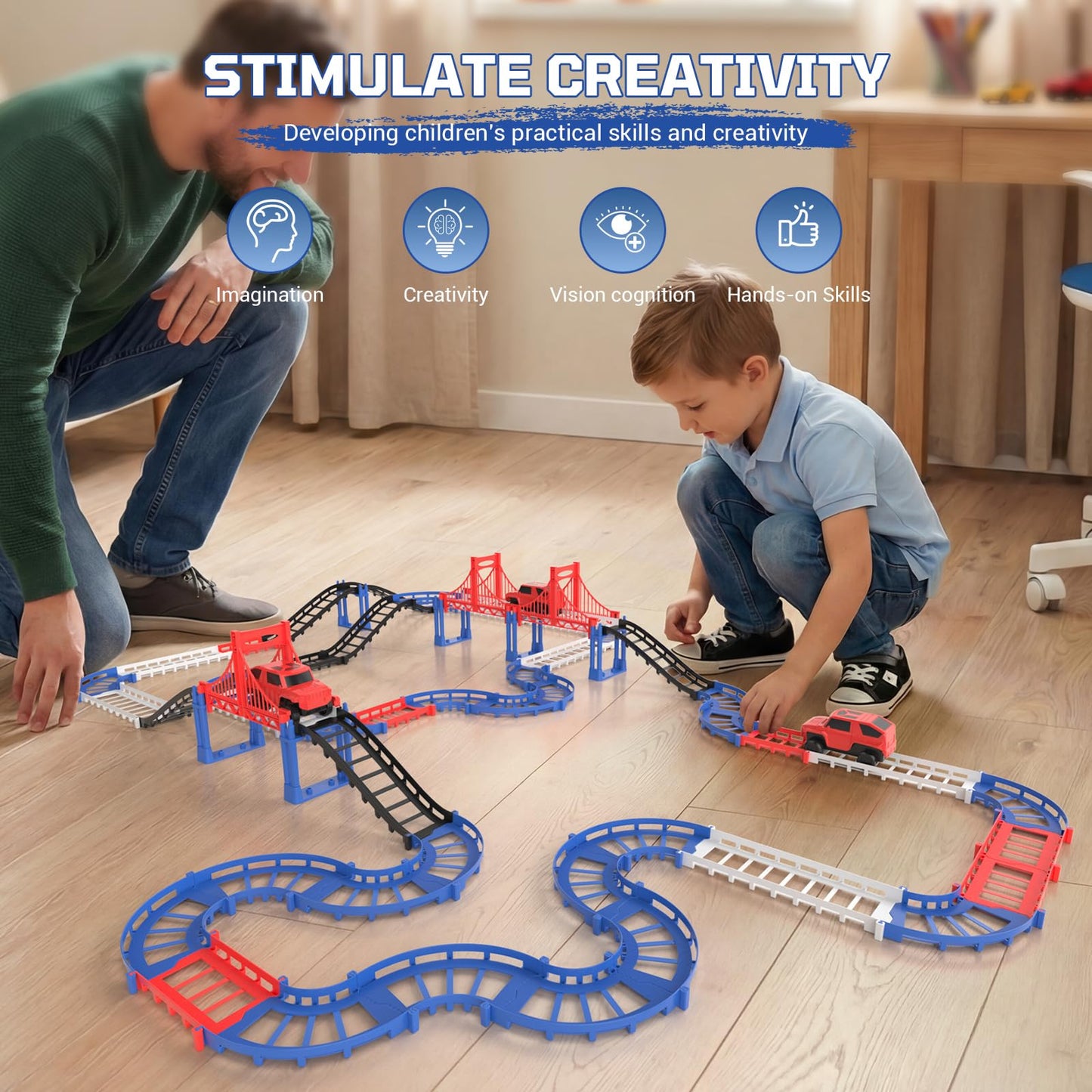 JOYBLI DIY Construction Race Track Set, 24 Pieces with Battery Powered Car,Bridge Building Track ,Assembly Track Builder Playset Gifts Toys for Boys Kids Age 6 7 8