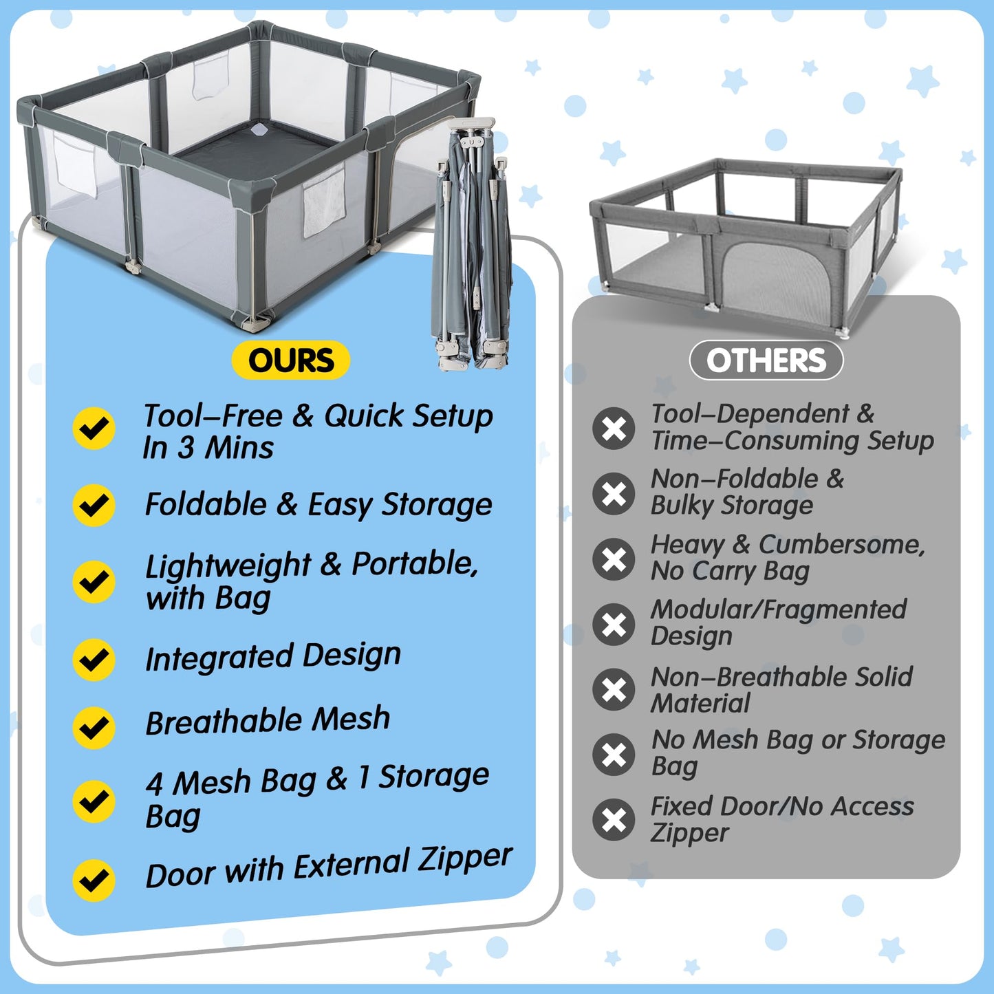 CAPAKIDS Foldable Baby Playpen 59"×71", Out-of-The-Box Ready Playpen for Babies and Toddlers, Portable Play Yard with Breathable Mesh & Gates, Storage Bag & 4 Handlers for Indoor & Outdoor