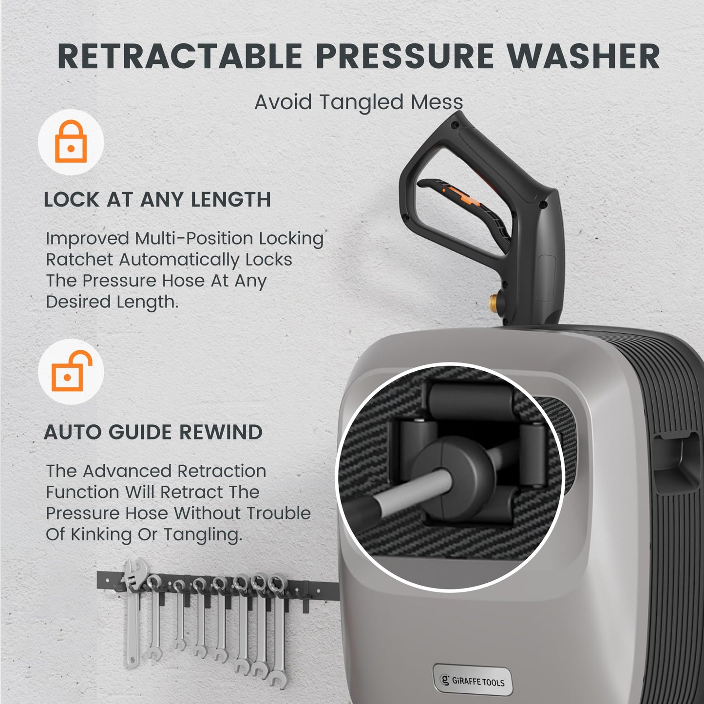Giraffe Tools Grandfalls Retractable Pressure Washer G20, 2500 PSI 2.2 GPM, Wall Mounted with 65FT Hose Reel, 4 Nozzles for Floor/Cars/Fences/Patios, Light Silver Case with Grey Pressure Hoses