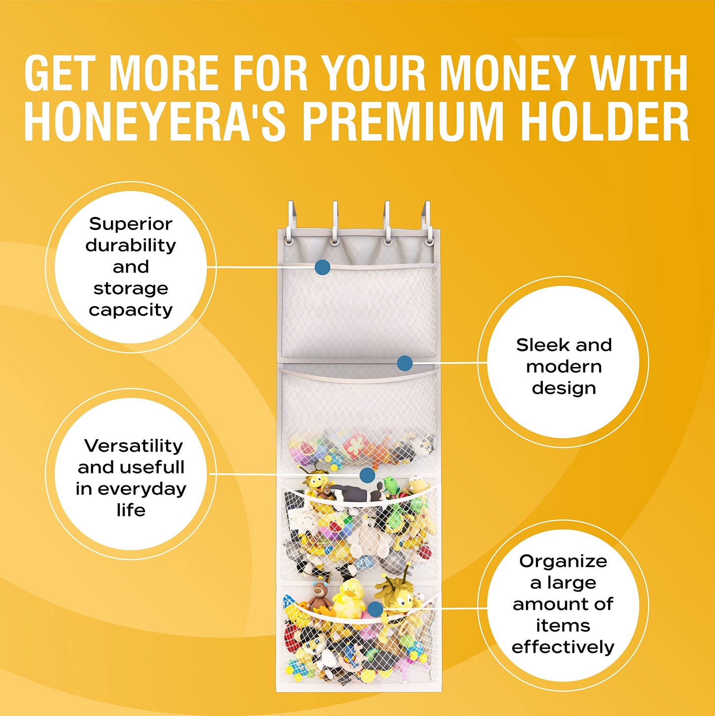 Honeyera The Original Stuffed Animal Storage (Patented) - Over Door Organizer for Stuffies, Baby Ideas Holder, Toy Plush Hammock Hanging Net Big Girls Toddler Large Bag Animals Stuffy Behind