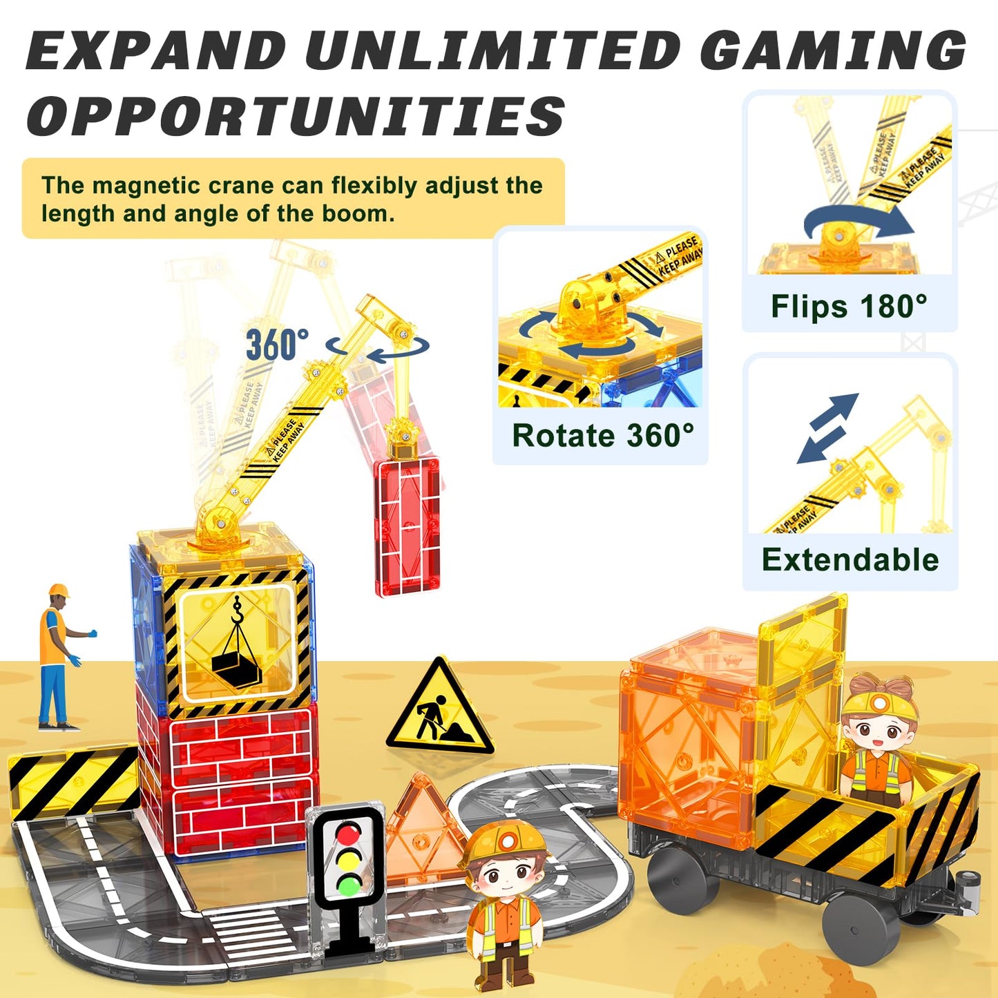 Coodoo Kids Games Magnetic Tiles Road Set with Extendable Magnetic Crane, City Construction Building Toys for Toddlers STEM Preschool Ages 4-6 5-7, Gifts for 3+ Year Old Boys Girls Kids Toys with Car