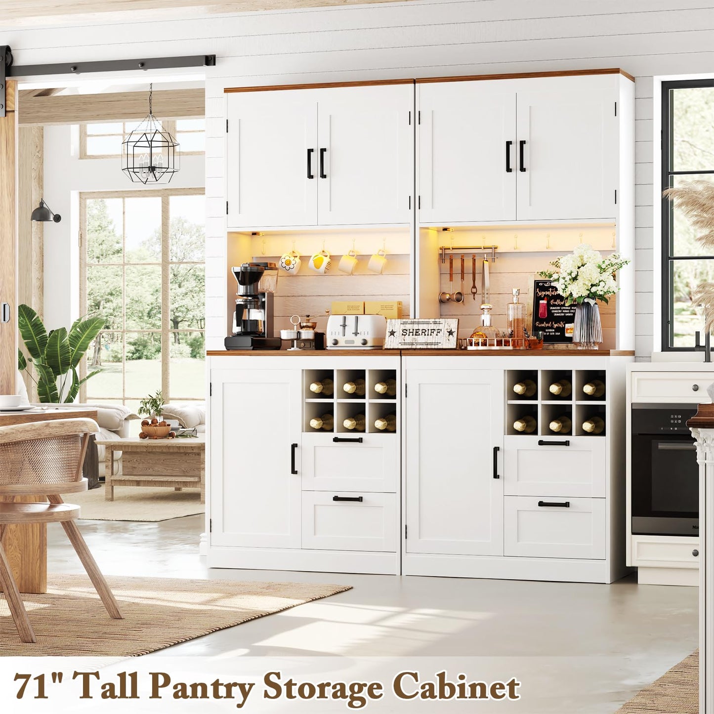 Unikito 72" Tall Pantry Cabinet, Kitchen Pantry Storage Cabinet with LED Light & Outlet, 63" Wide Kitchen Hutch Bar with Microwave Stand, Drawers, Wine Rack & Shelves, Cupboard for Dining Room, White