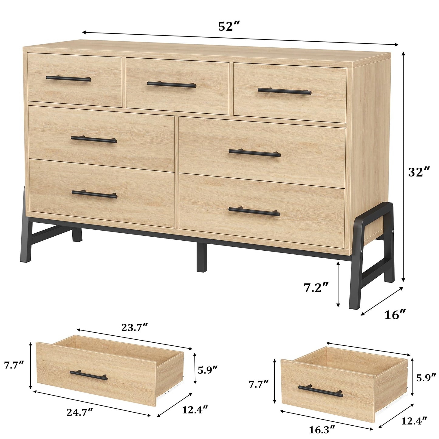 GarveeHome 7 Dresser for Bedroom, Freestanding 52 in Wide Drawer Dresser with Storage, Wooden Closet Storage Chest for Living Room, Bedroom, Entryway, Natural Oak