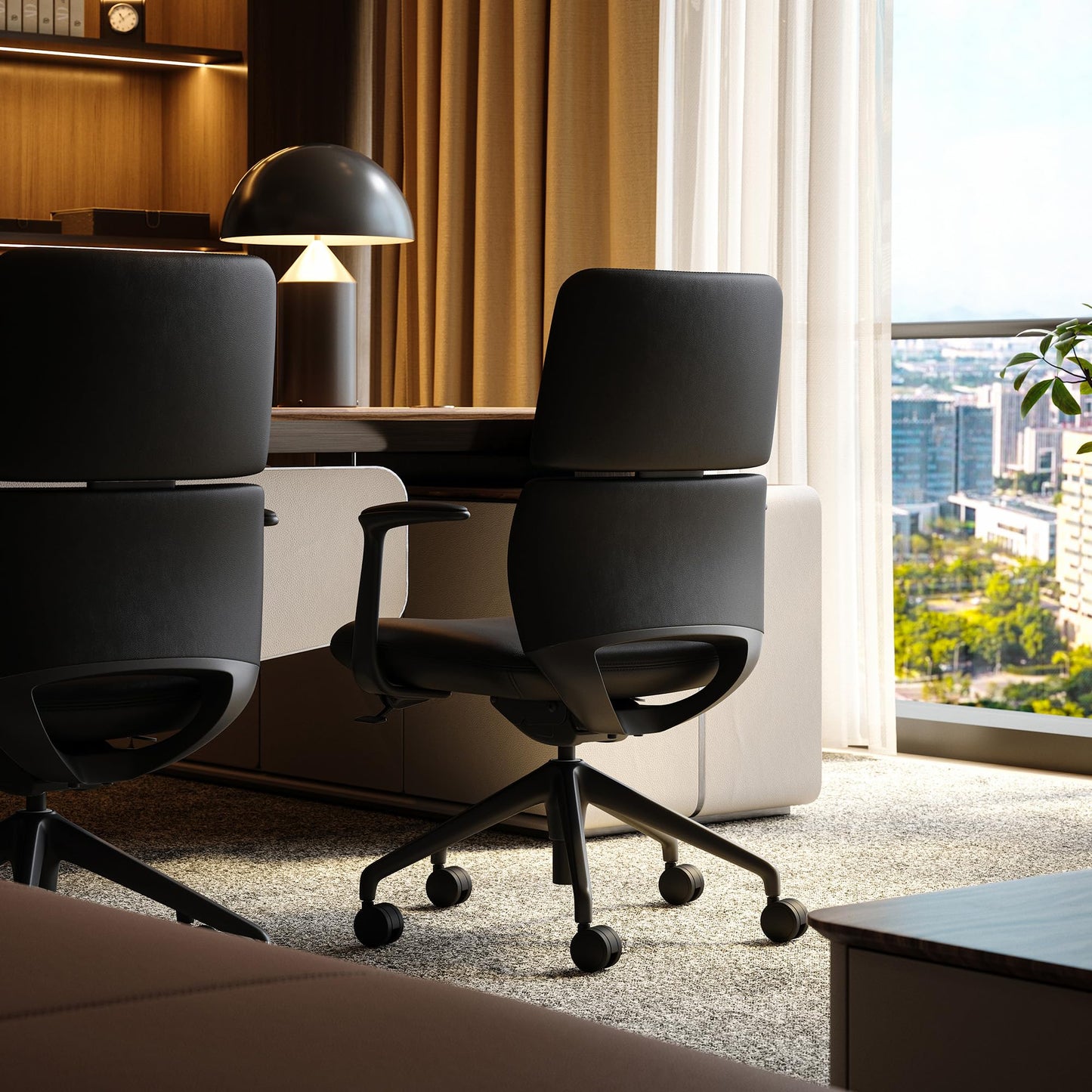 TOMU Genuine Leather Office Desk Chair with Wheels, Ergonomic Leather Executive Chair, Mid Back, Swivel Base with Adjustable Tilt, Modern Style, Luxury Aluminum Frame (Black)