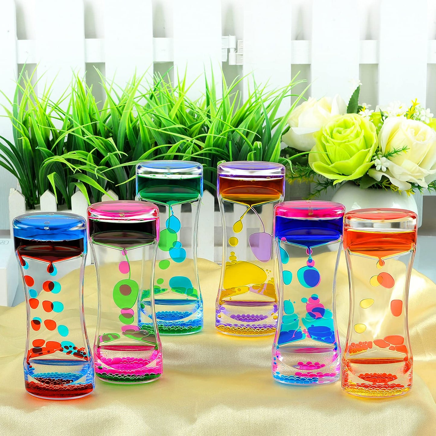 FKYTION Liquid Motion Bubbler Timer Pack of 4 Colorful Hourglass Liquid Bubbler ADHD Fidget Sensory Toys for Kids, Teenagers, Adults