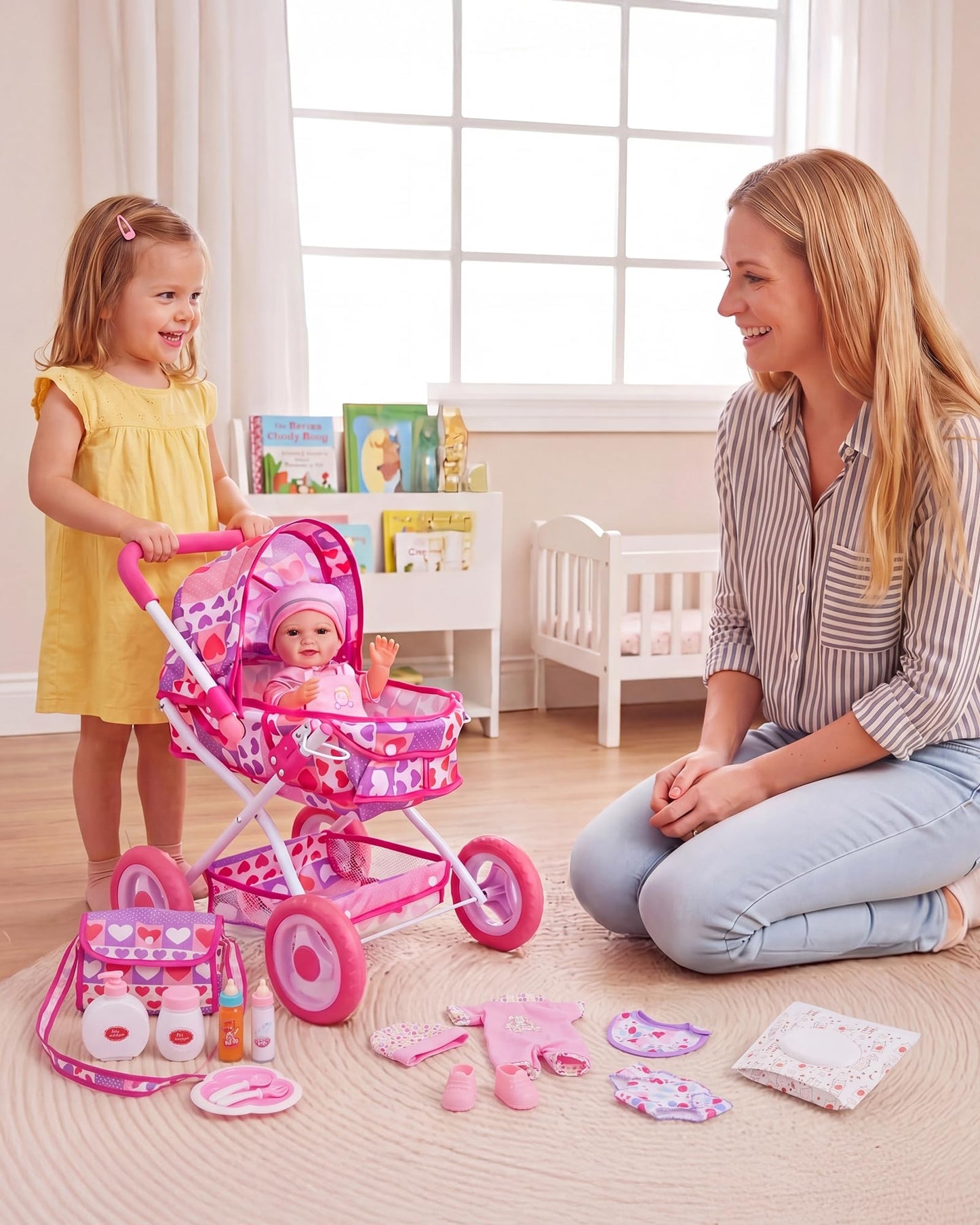 BABESIDE Baby Doll Stroller Set with 12 Inch Baby Doll, 14 Pcs Baby Doll Accessories, Folding Doll Pram Pretend Play Set, Feeding, Bath & Care Toys, Gift for Girls Ages 3yrs+