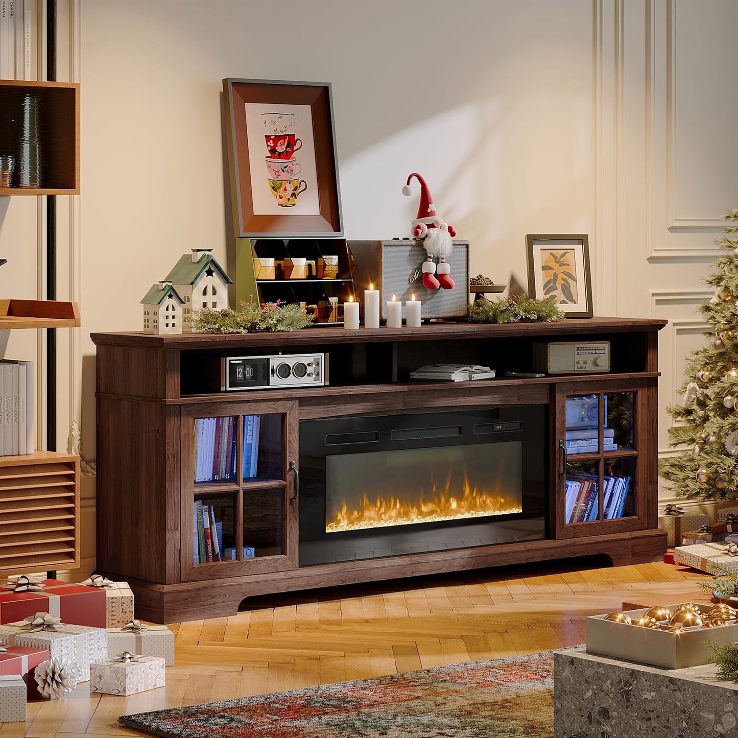 Nordivale 70" Fireplace TV Stand, Modern Entertainment Center for TVs Up to 80”, TV Console with Storage Cabinets, Media Console for Living Room, Brown TV Stand and Black Fireplace