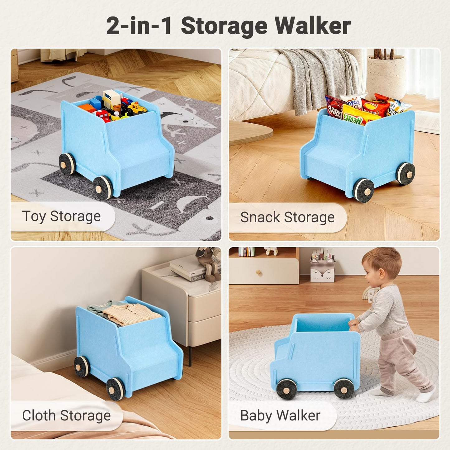 QUEENLINK Toy Storage Box with Wheels, Soft Felt Toy Organizers and Storage for Kids, 17" x 12" x 12", 10 Gal, Multifunction Toy Chest for Living Room, Playroom, Nursery - Light Blue