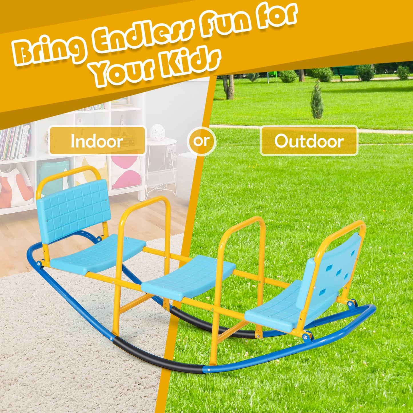 Costzon Teeter Totter Seesaw for Kids Outdoor, 2 in 1 Metal Rocking Seesaw for Toddlers with Easy-Grip Handles, Indoor Outdoor Rocker Toy Gifts for Ages 2-5, 1-3 Person Home Preschool Backyard See Saw