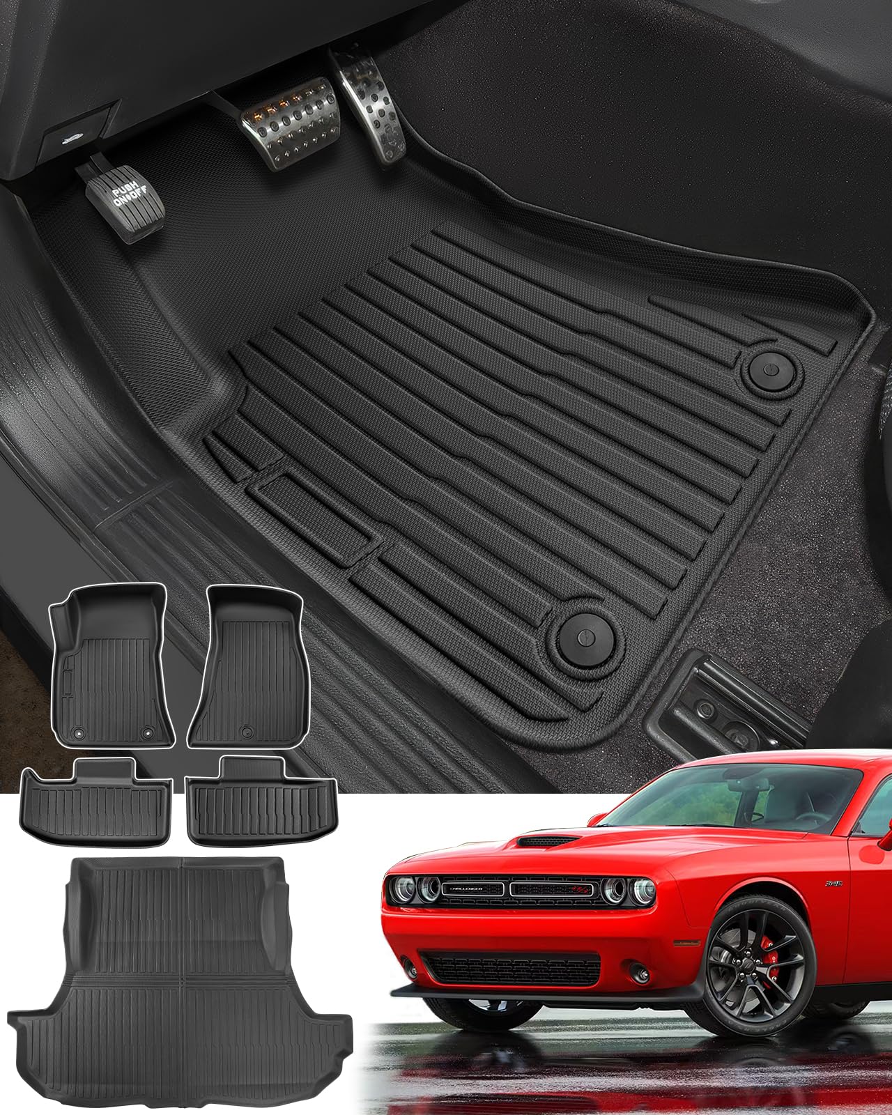 Car Floor Mats for Dodge Challenger RWD 2011-2023 Cargo Liner, 1st & 2nd Row Full Set Car Liners,Anti-Slip for Challenger Accessories 2012 2013 2014 2015 2016 2017 2018 2019 2020 2021 2022 4PCS Black