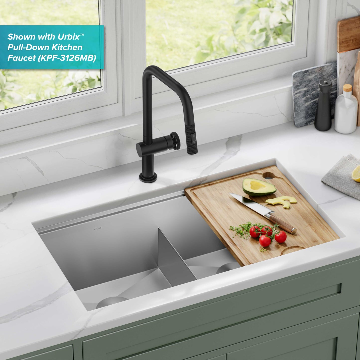 KRAUS Kore 33-Inch Undermount Workstation 16 Gauge Double Bowl Stainless Steel Kitchen Sink with Accessories, KWU112-33