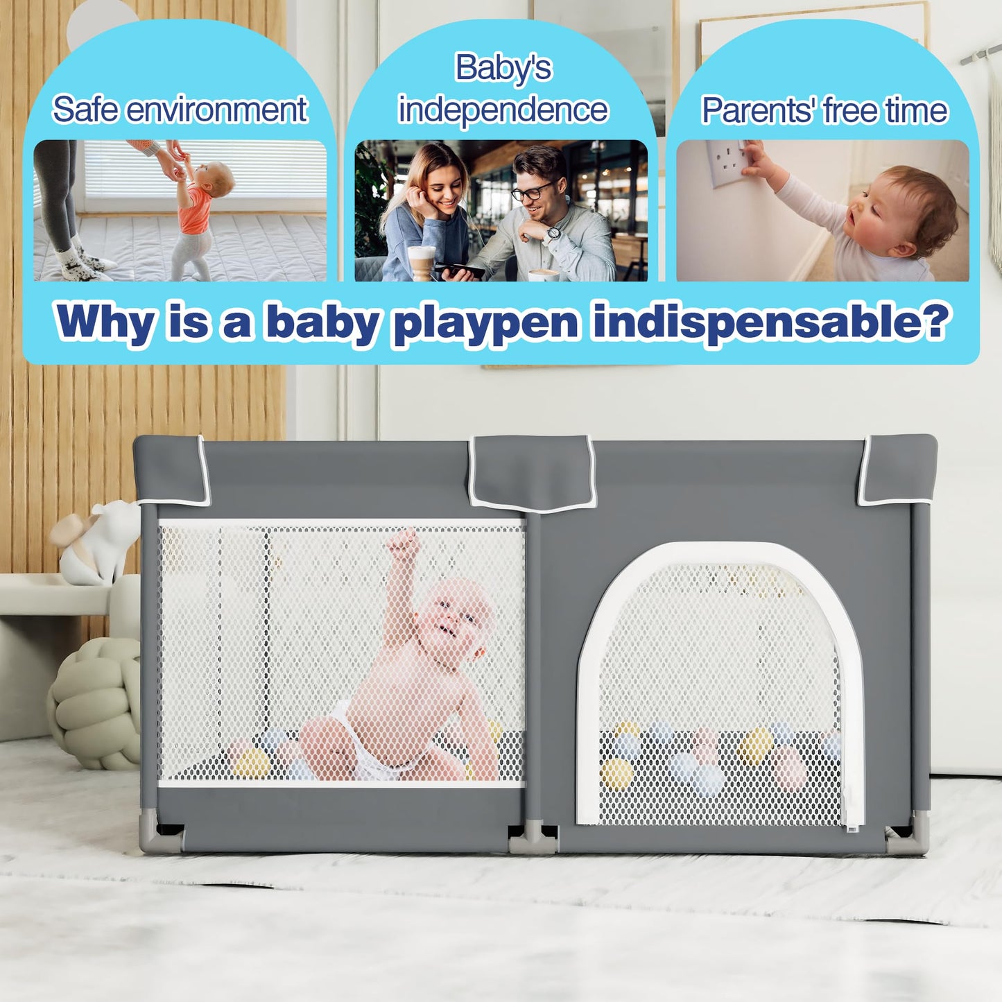 Grobeybees Baby Playpen with Mat, Playpen for Babies and Toddlers, Large Baby Play Pen with Pad, Playard with Bag, Indoor & Outdoor Play Pen, Sturdy Safety Play Yard with Soft Breathable Mesh (Grey)
