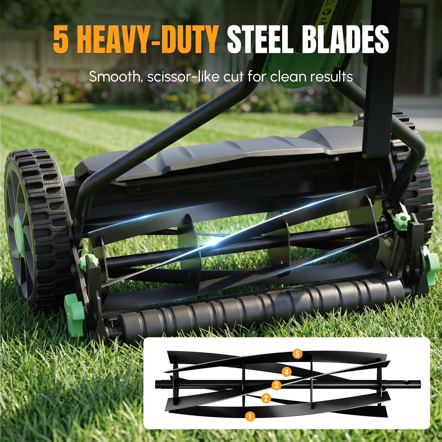 WORKPROX 16-Inch Push Reel Lawn Mower, Adjustable Height 5-Blade Reel Mower with Removable 8-Gallon Grass Catcher for Yards and Gardens, Black