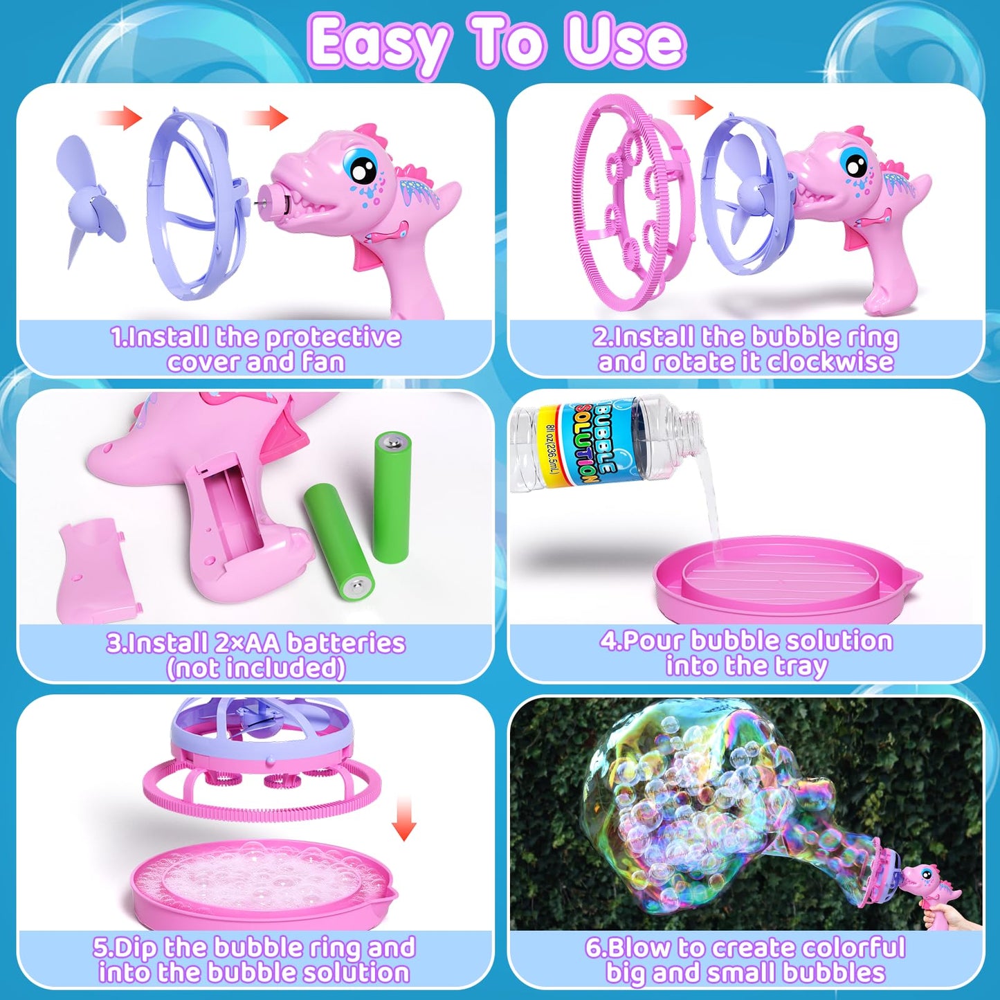 Dinosaur Bubble Gun for Kids - Bubble Machine with Bubble in Bubble, 1000+ Bubbles/Min Bubble Blower Toy, Toddler Outdoor Toys Birthday Easter for 3 4 5 6 7 8 Year Old Girls