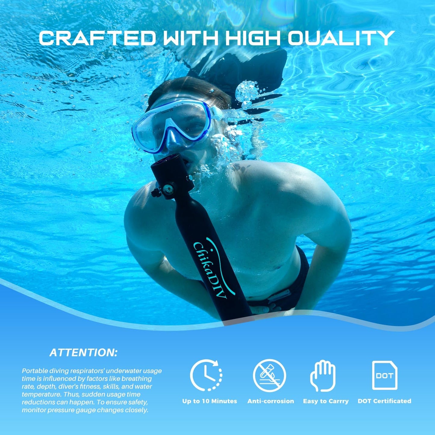CHIKADIV Mini Scuba Tank with Pump,Portable Diving Tank,0.5l Lung Tank for Snorkeling Diving, Reusable Scuba Diving Kit Gear with Pump Underwater Breathing Training, Emergency Rescue (C Black)