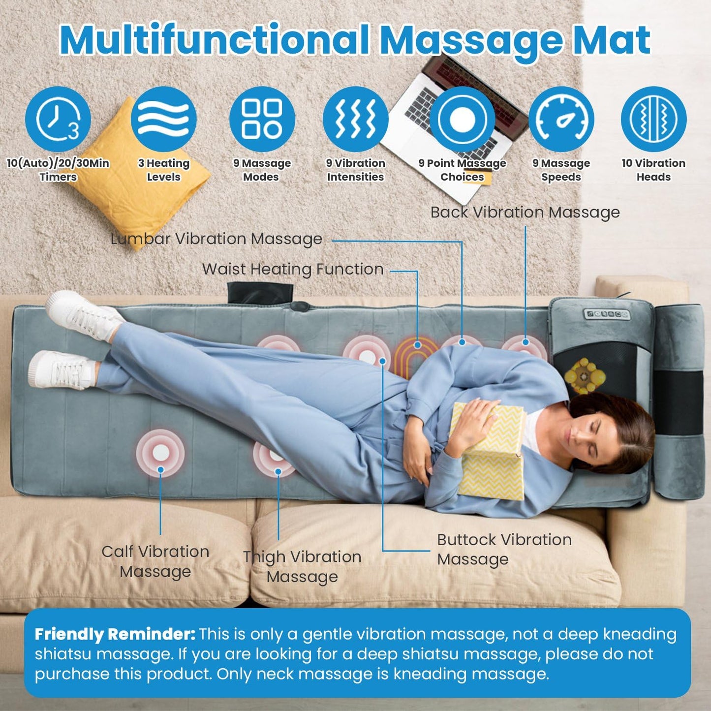 KOCASO Full Body Massage Mat with Heat, Electric Massage Mat Chair Pad Back/Neck/Foot Massager, Detachable Lumbar& Head Pillow W/ 2 Earplugs-Vibration & Kneading for Stress Relief/Gift