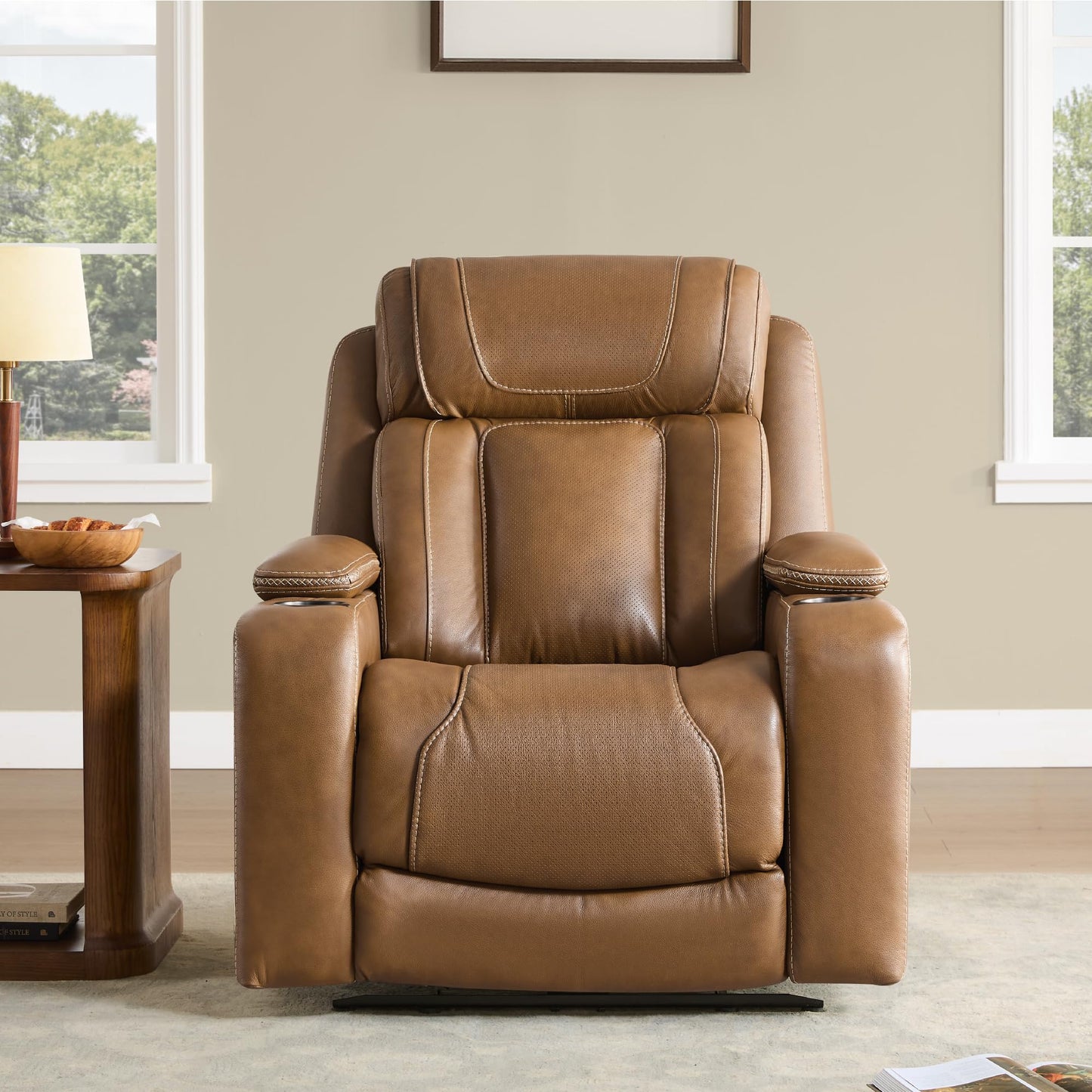 Watson & Whitely Genuine Leather Electric Recliner Chairs, Oversized Super Zero Gravity Recliner Triple-Motor W Adjustable Lumbar Headrest Support & Hidden Storage, Saddle Brown