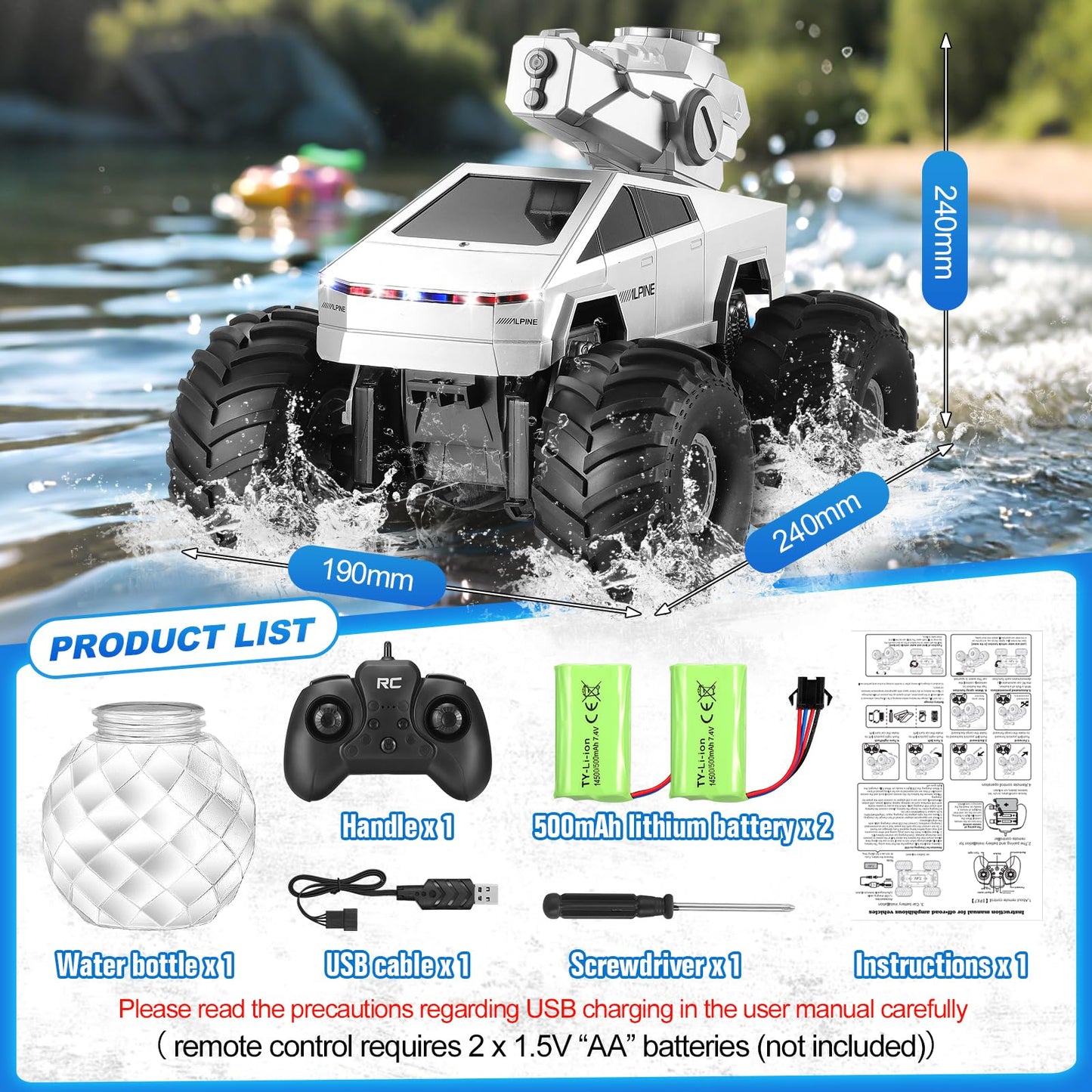 Fippy Amphibious Remote Control Car with Water Squirt, Waterproof Remote Control Truck, 1:16 RC Monster Truck, 4WD All-Terrain Off-Road Pickup RC Trucks Gift for Kids Boys