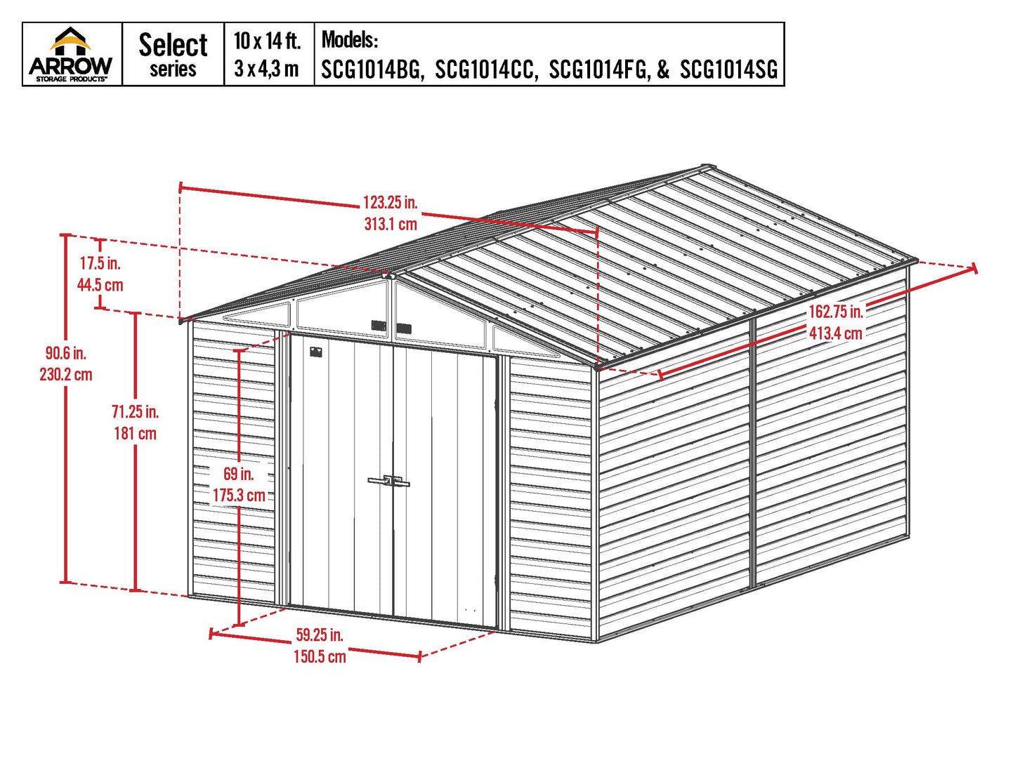 Arrow Shed Select 10' x 14' Outdoor Lockable Steel Storage Shed Building, Blue Grey