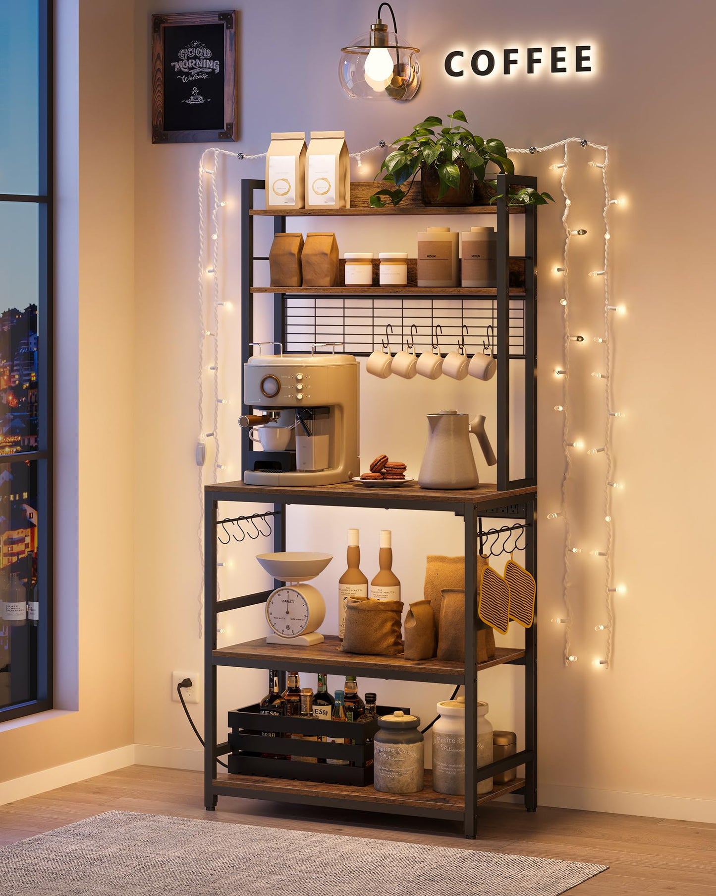 VASAGLE Bakers Rack with Power Outlet, Microwave Stand, Kitchen Tall Utility Storage Shelf, with Metal Wire Panel, 14 Hooks, 15.7 x 31.5 x 66.9 Inches, Rustic Brown and Ink Black UKKS025B01
