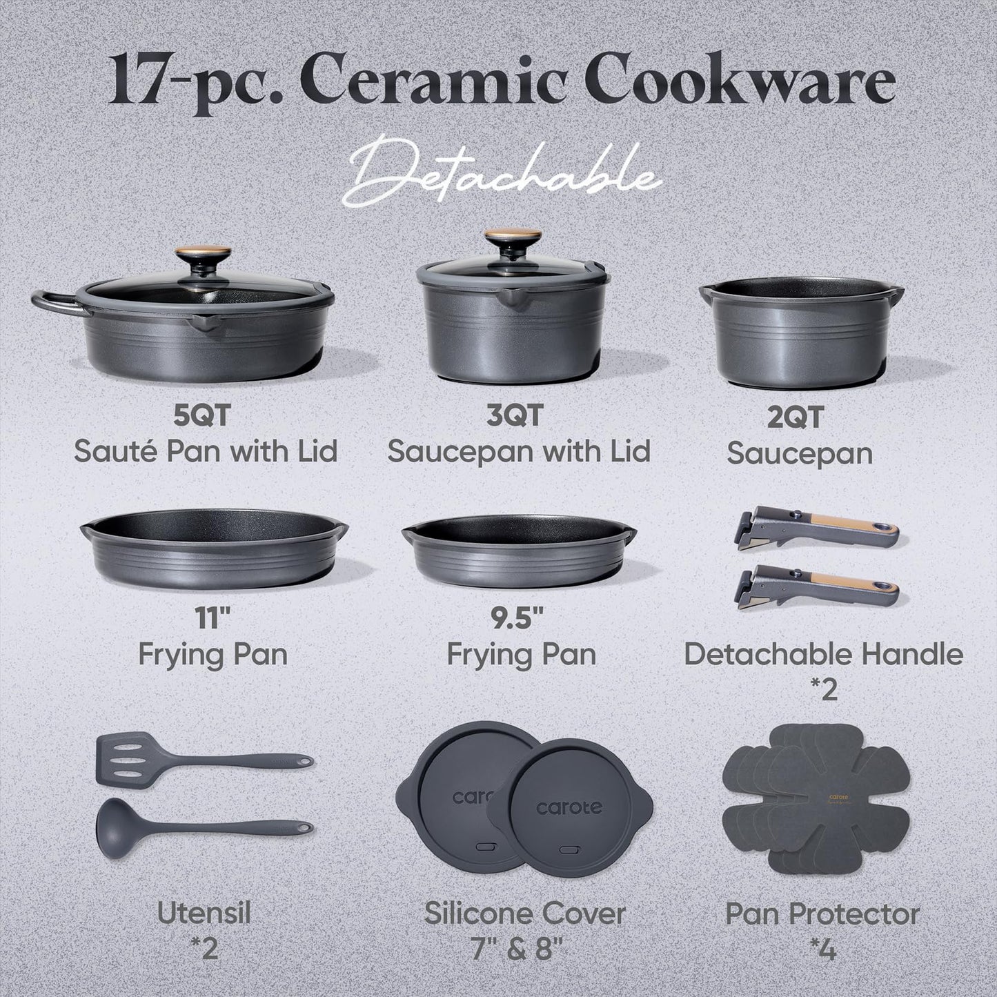 CAROTE 17Pcs Titanium Pots and Pans Set, Cookware Set Nonstick, Kitchen Cooking Set with Detachable Handle, RV/Camping Cookware, Dishwasher/Oven Safe, Grey