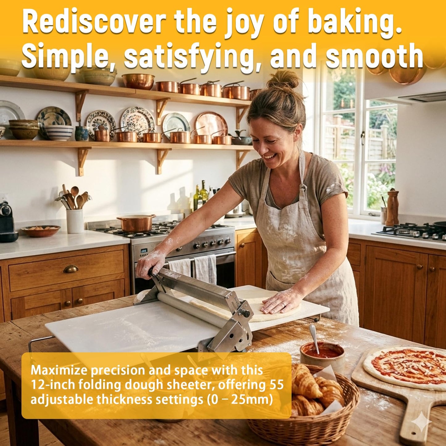 12" Folding Dough Sheeter with 23.6" x 11.8" Sheeter Board, Manual Dough Roller Machine with 0-25mm Adjustable Thickness Settings Stainless Steel for Pizza Croissants Pastry and Crust