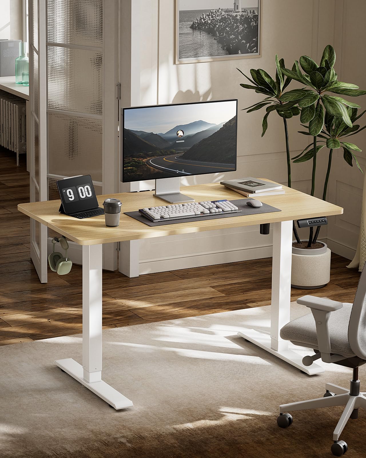 Marsail Electric Standing Desk Adjustable Height, 48 * 24 Inch Sit Stand up Desk for Home Office Furniture Computer Desk with 3 Memory Presets, Headphone Hook, Light Maple