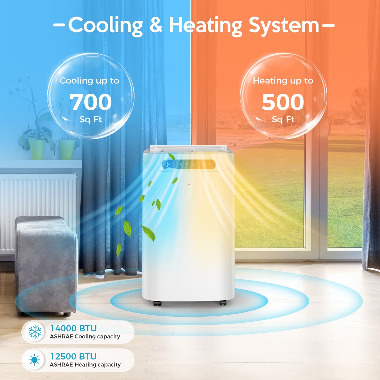 Humhold 14000 BTU Portable Air Conditioners with Heater, Remote Control, 4-in-1 Free Stand Smart Cooling AC Unit with Heating, Dehumidifier, Fan Mode for 550 to 700 sq.ft Room,Auto Swing,Timer,White
