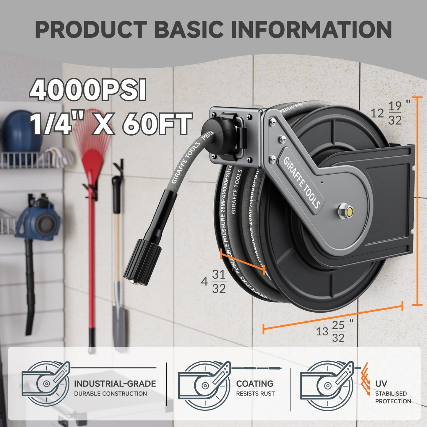 Giraffe Tools Pressure Washer Hose Reel with 1/4" × 60ft Hose, Retractable Power Washer Hose Reel, Heavy Duty Hose Reel, Auto Rewind, Wall Mounted, 4000 PSI